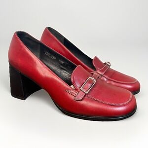 Coach Womens Y2K Red Leather Block Heel Shoes Loafers Buckle 7.5 Preppy 90s